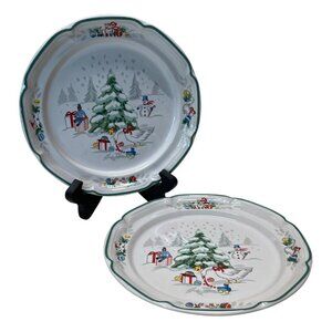 2 International Country Christmas Salad Plates Goose Snowman Cat Cow 7 5/8”